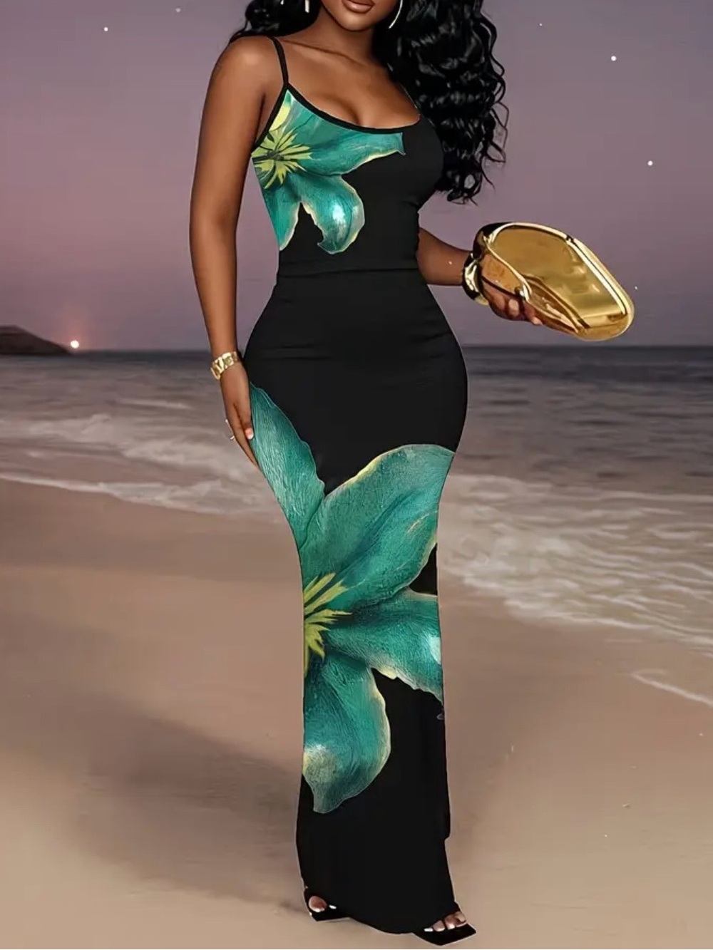 Black & Teal Floral Maxi Dress - Sleek Spaghetti Strap Evening Dress